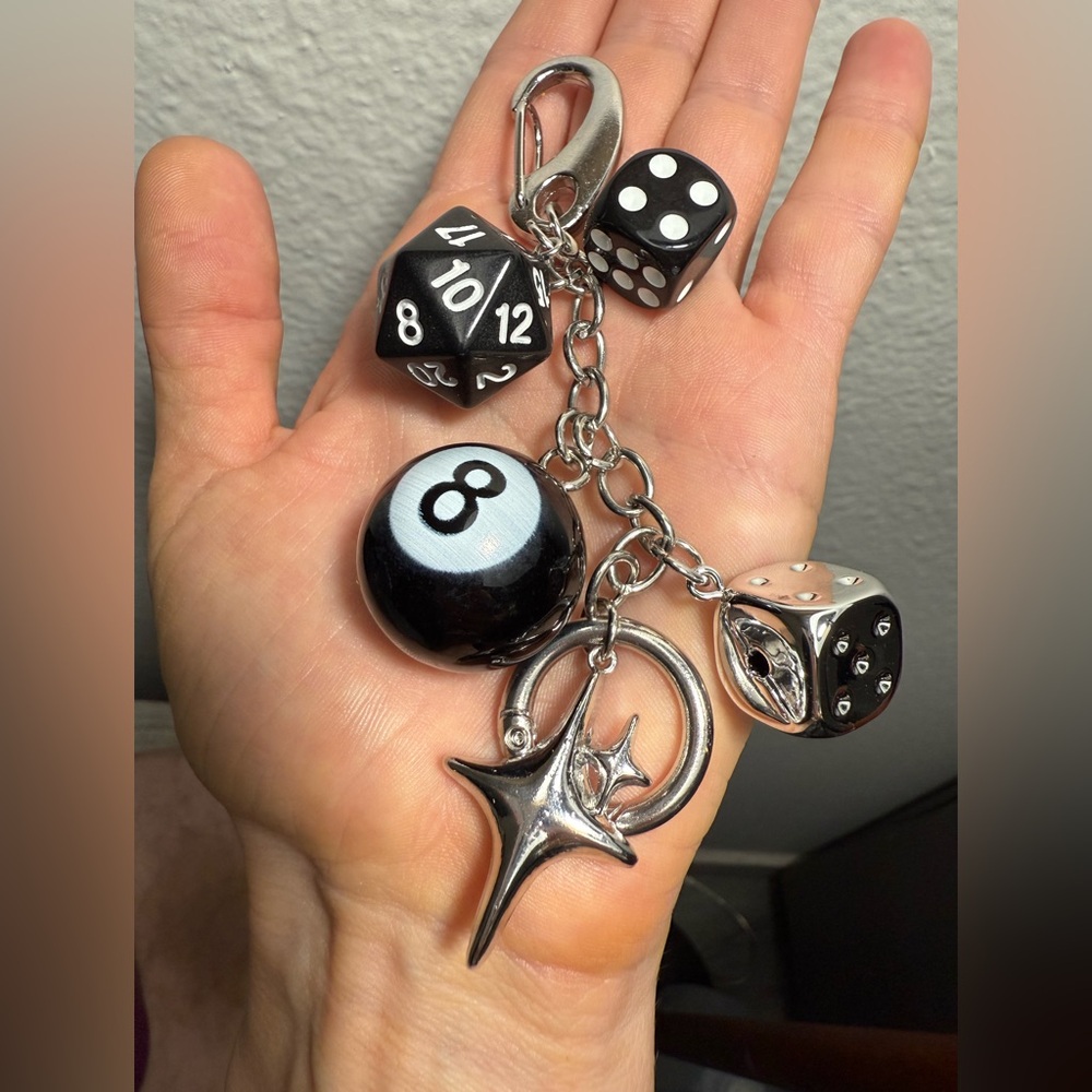 Black 8-Ball & Dice Keychain Charm with Silver Accents